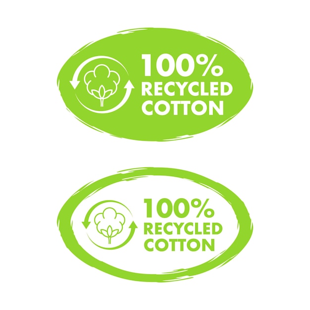 Etiquetas ecológicas para el algodón reciclado Ilustración vectorial para textiles sostenibles y medioambientales