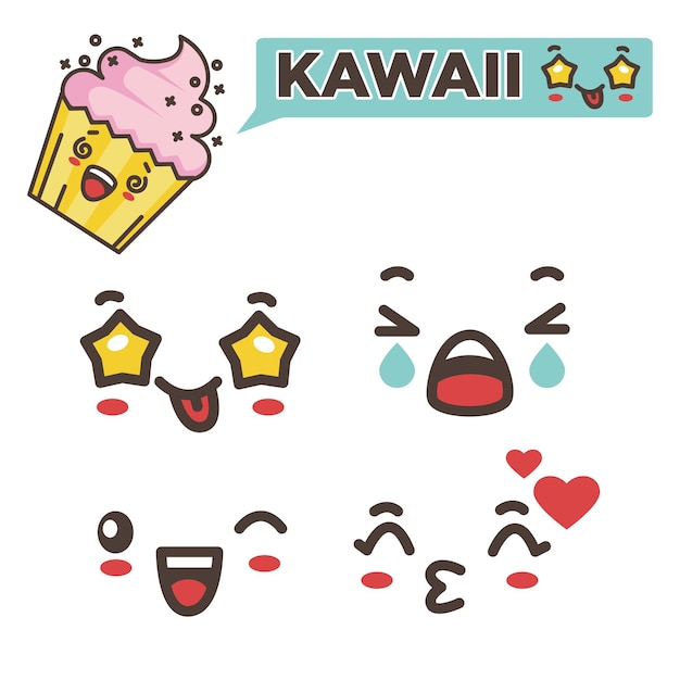 Etiquetas engomadas aisladas del emoji del kawaii de la magdalena de la crema de la fresa