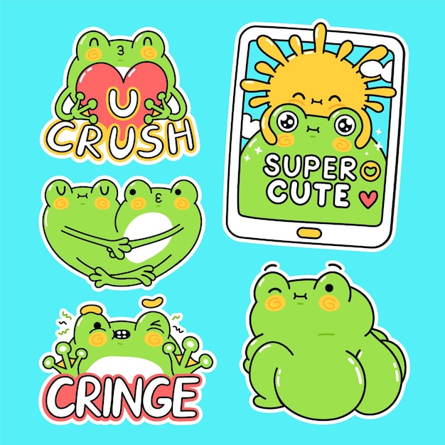 Etiquetas engomadas divertidas lindas de la rana verde fijaron la colección. Vector dibujado a mano dibujos animados kawaii personaje ilustración pegatinas diseño conjunto. Personaje de mascota de rana sapo de dibujos animados divertidos para el concepto de paquete de redes sociales