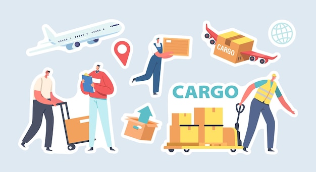 Etiquetas engomadas de la entrega de carga. Concepto logístico de almacenamiento de transporte. Personajes trabajadores que entregan la carga a los destinatarios por tierra y aire. Servicio Postal o Logístico. Ilustración de Vector de gente de dibujos animados
