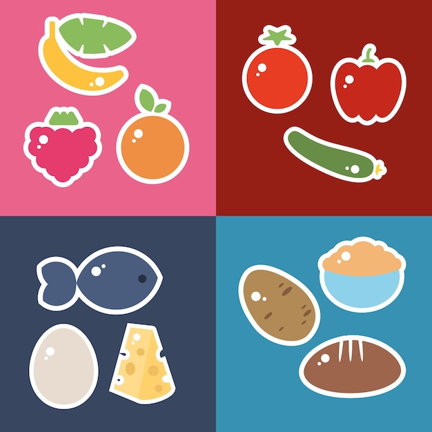 Etiquetas engomadas de frutas y verduras de una nutrición saludable con pan, avena, gachas, papas, carbohidratos y huevos, pescado y queso, proteínas, contorno, vector, ilustración