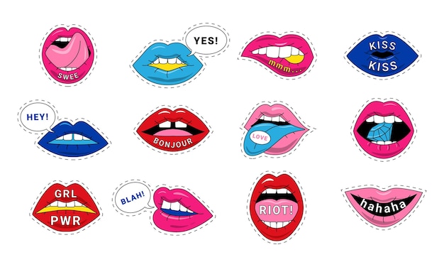 Etiquetas engomadas de los labios de la mujer. insignias de dibujos animados de moda de beso sexy, signos de amor rosa de boca de niña. vector aislado ilustraciones colorida colección mujer parches imagen de moda labios chica