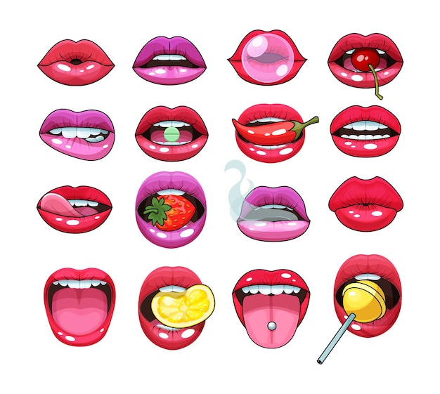 Etiquetas engomadas rojas de los labios de las muchachas atractivas que expresan las emociones sonríen, besan, descontento, modestia, muestran la lengua