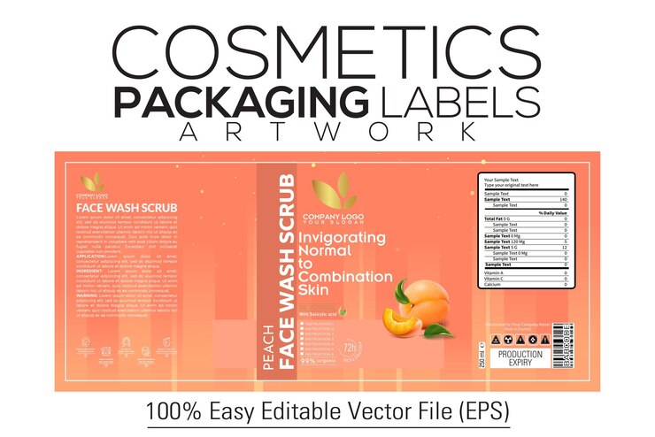 Vector etiquetas de envases de cosméticos obras de arte y maqueta de lavado facial diseño de lavado con melocotón