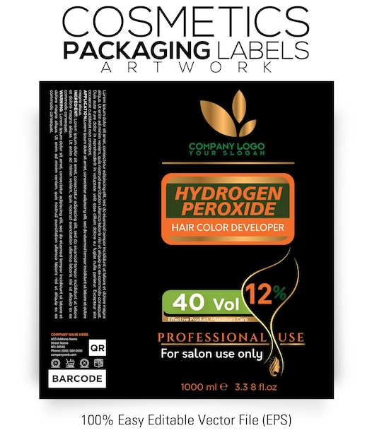 Vector etiquetas de envases de cosméticos obras de arte peróxido de hidrógeno 40 vol más 12 por ciento