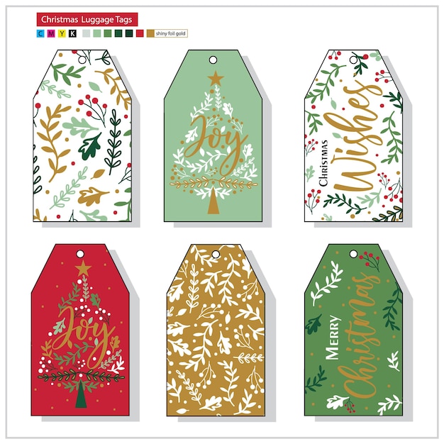 Etiquetas de equipaje de Navidad de ilustraciones con color rojo y verde