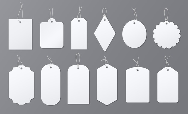 Vector etiquetas etiquetas etiqueta de precio blanco en blanco colgando insignias de papel en una cuerda pegatinas vintage para información o venta plantilla de marca de equipaje tarjetas de tienda conjunto de vectores exactos