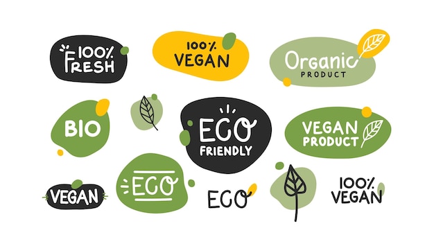 Etiquetas y etiquetas de logotipo de comida vegana orgánica saludable fresca vector ilustración dibujada a mano concepto verde ecológico vegetariano