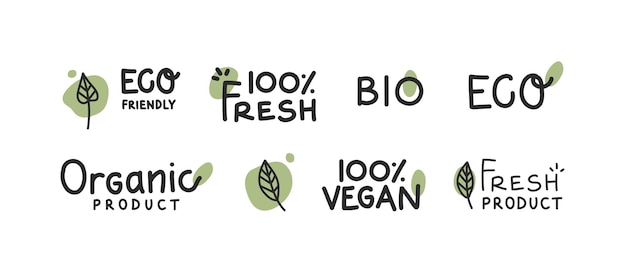 Etiquetas y etiquetas de logotipo de comida vegana orgánica saludable fresca vector ilustración dibujada a mano concepto verde ecológico vegetariano