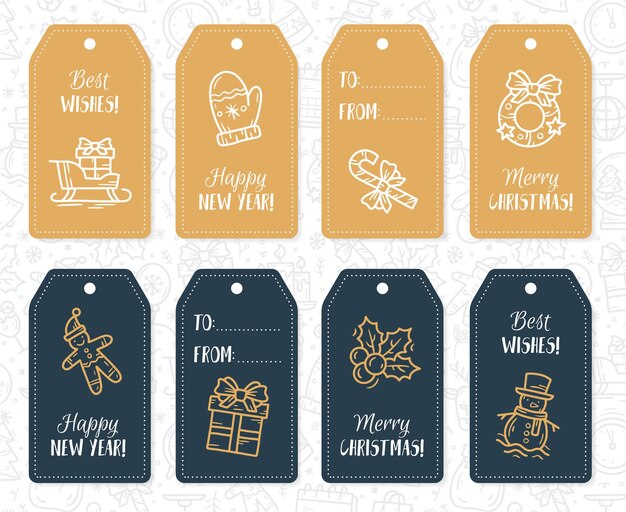 Etiquetas y etiquetas de papel de regalo de navidad y año nuevo con iconos vectoriales