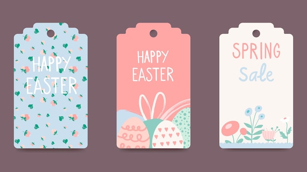 Vector etiquetas de etiquetas de pascua con lindo banny diseño de moda de pascua con tipografía trazos dibujados a mano y huevos orejas de conejo en colores pastel estilo minimalista moderno ilustración vectorial