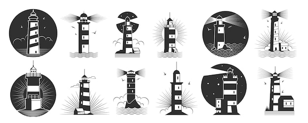 Etiquetas de faro negro Siluetas de faro de símbolo para navegación mar y turismo de playa etiqueta faro símbolos abstractos Vector conjunto aislado