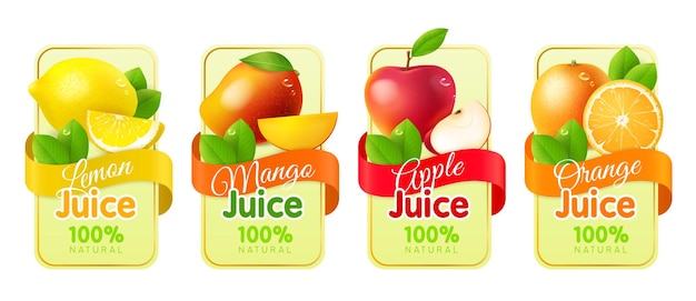 Etiquetas de frutas realistas stickers de embalaje con frutas frescas realistas cítricos limón y naranja mango y manzana gotas de agua jugos y mermeladas emblemas de sabores tropicales set de plantillas aisladas vectoriales