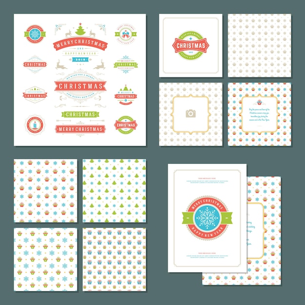 Etiquetas y insignias navideñas elementos de diseño vectorial conjunto y plantillas de tarjetas de felicitación