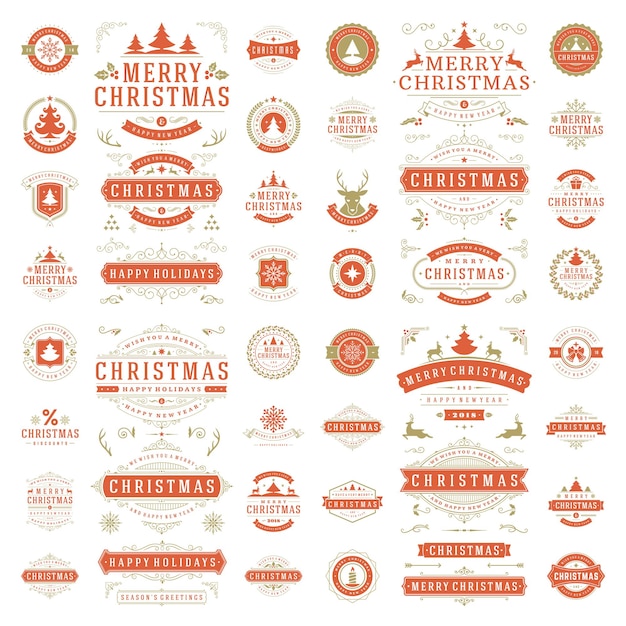Etiquetas y insignias navideñas para tarjetas de felicitación y carteles conjunto de elementos de diseño vectorial