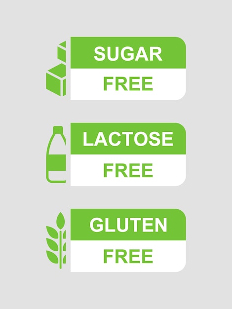 Etiquetas sin lactosa, sin azúcar, sin gluten para diseños de emblemas de alimentos