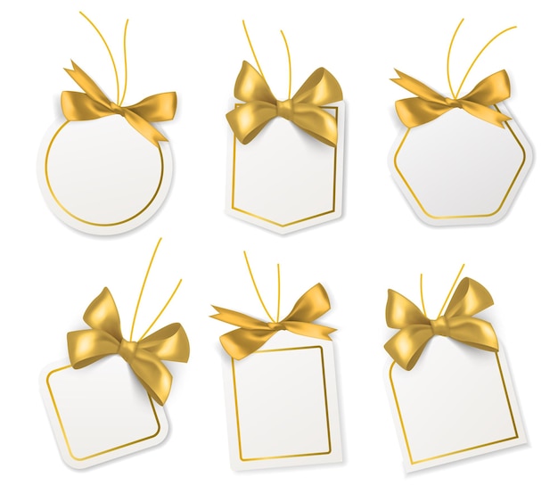 Vector etiquetas con lazos dorados. etiquetas de papel de precio blanco en blanco con cintas doradas de satén o seda para navidad, cumpleaños o boda, regalo, vector, colección de plantillas aisladas realistas