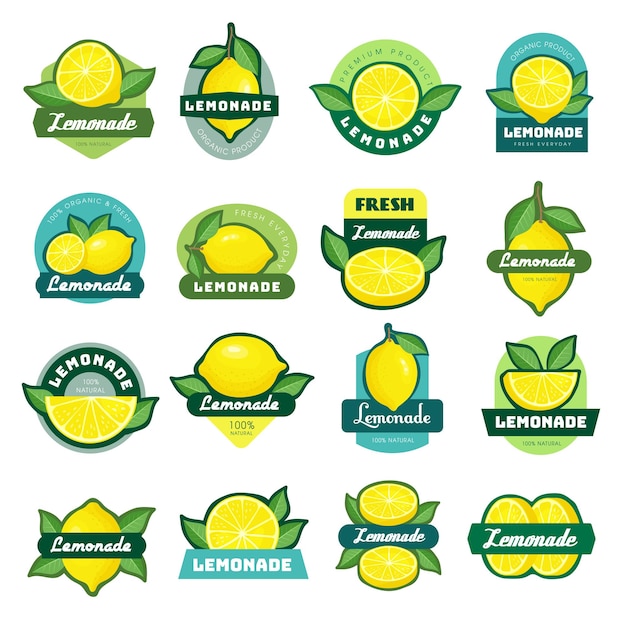 Etiquetas de limonada Etiquetas decorativas pegajosas o insignias con imágenes de limón Etiquetas vectoriales recientes para jugo fresco