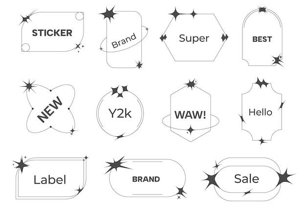 Etiquetas de línea Y2k Pegatinas lineales de contorno con marcos de insignia de moda minimalista de estilo retro vintage de los años 70 y 80 con mensaje y oferta Conjunto de vectores