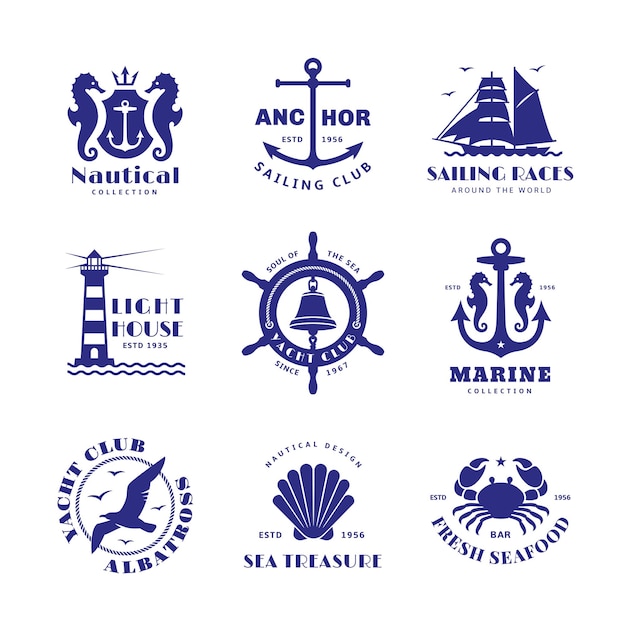 Etiquetas marinas vintage insignias de tipografía de marinero con emblema de la marina decoración con barco de ancla de faro signos náuticos restaurante de comida de mar parche de vector ordenado