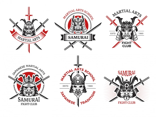 Etiquetas de máscara de samurai. Caras enojadas de Japón para etiquetas de armadura guerrera tatuajes proyectos de logotipos