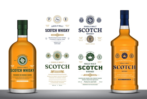 Etiquetas y modelos de botellas de whisky escocés vectoriales