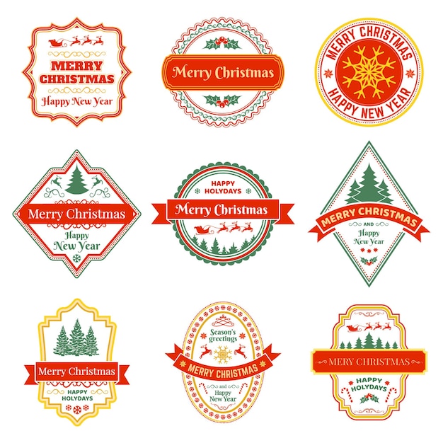 Etiquetas de navidad insignias de vacaciones de invierno de navidad vintage con renos abeto conjunto de vectores de copos de nieve