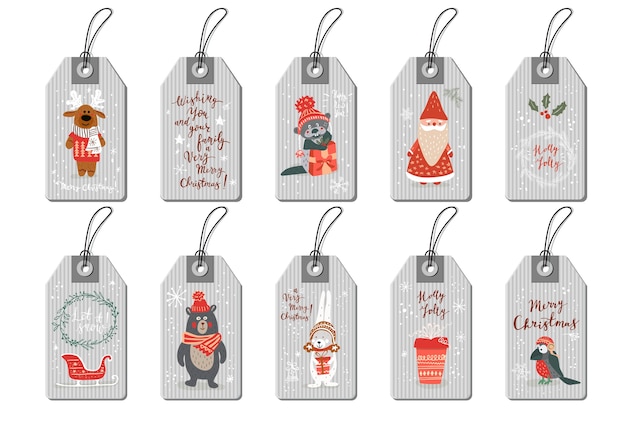 Etiquetas navideñas con animales lindos estilo dibujado a mano.