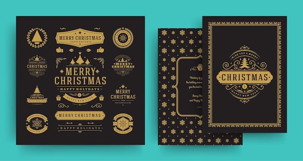 Etiquetas navideñas e insignias elementos de diseño vectorial con plantilla de tarjeta de felicitación
