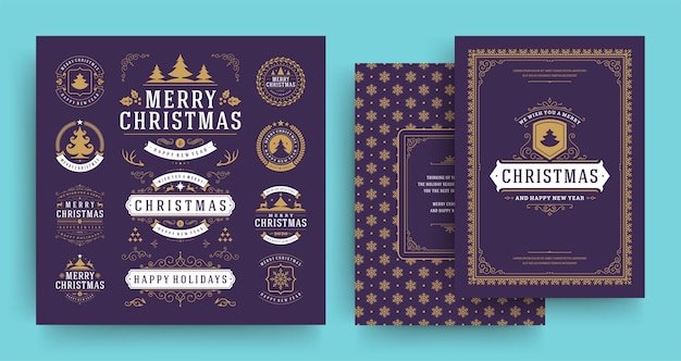 Etiquetas navideñas y elementos de diseño de insignias con plantilla de tarjeta de felicitación