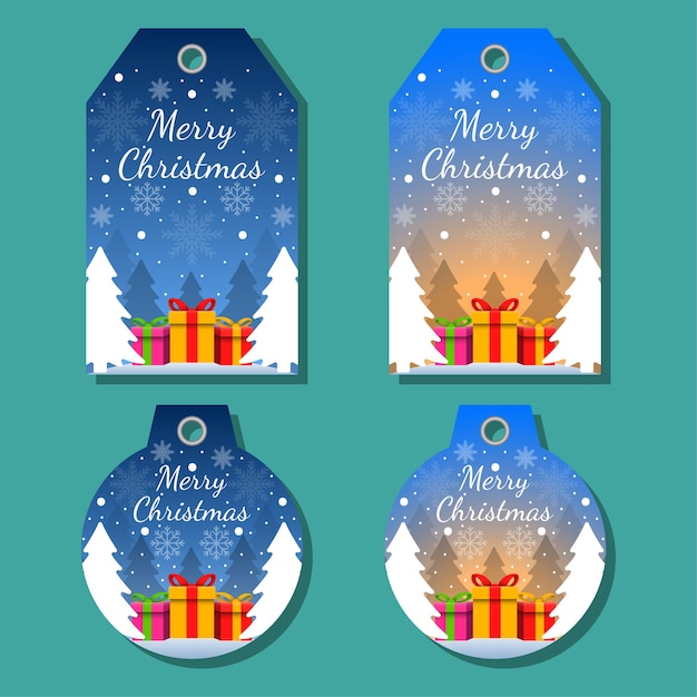 Etiquetas navideñas establecen elementos de saludos en colores de fondo. Fondo de Navidad.