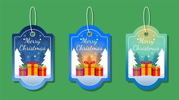 Etiquetas navideñas establecen elementos de saludos en colores de fondo. Fondo de Navidad.