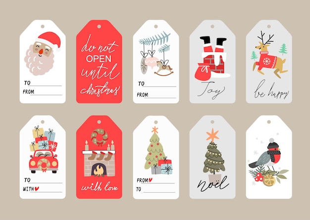 Etiquetas navideñas con tipografía. etiquetas con santa, ciervos, árbol de navidad, coche.