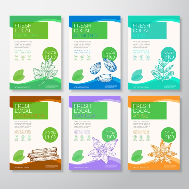 Vector etiquetas de nueces y especias locales frescas, diseño de envases, diseño, colección, vector, fondo, cubiertas