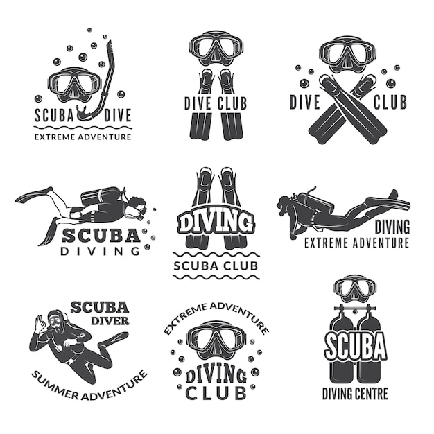 Vector etiquetas o logos para club de buceo.