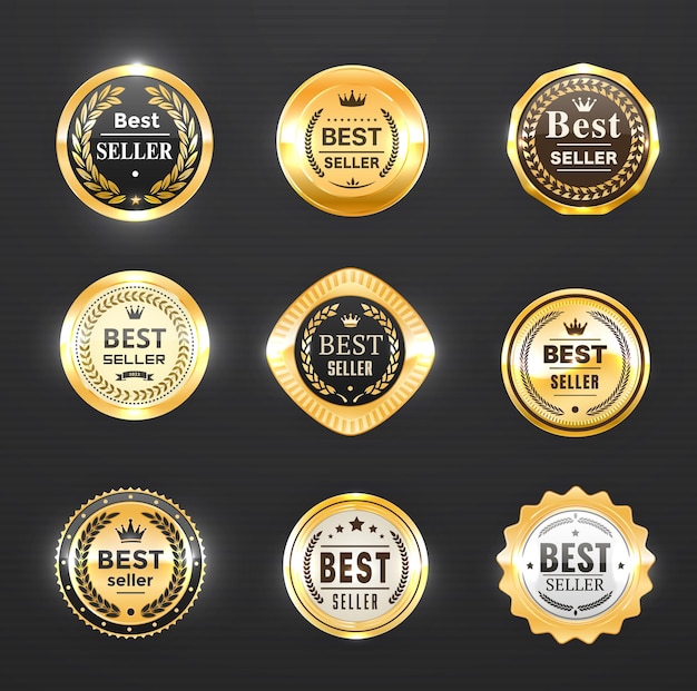Etiquetas de oro del superventas, sello de premio, insignia de medalla