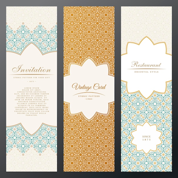 Etiquetas de patrón vintage tarjetas verticales en diseño étnico marco floral oriental