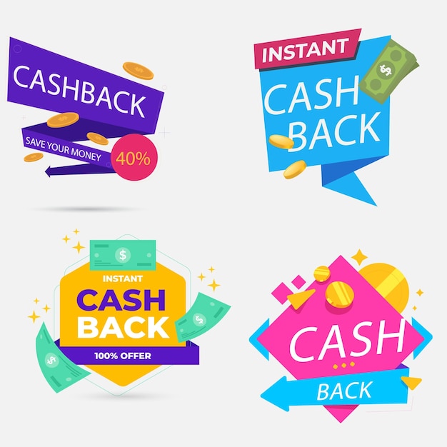 Etiquetas y pegatinas vectoriales de devolución de dinero Conjunto de pancartas de venta vectoriales iconos de ahorro y reembolso de dinero