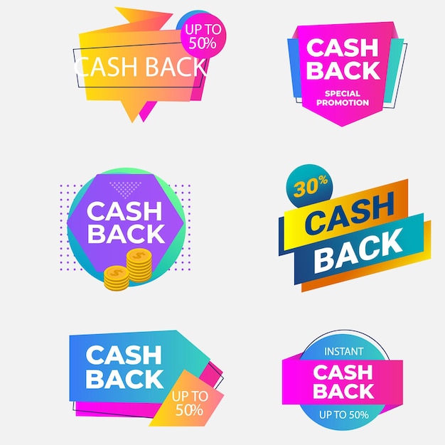 Etiquetas y pegatinas vectoriales de devolución de dinero Conjunto de pancartas de venta vectoriales iconos de ahorro y reembolso de dinero