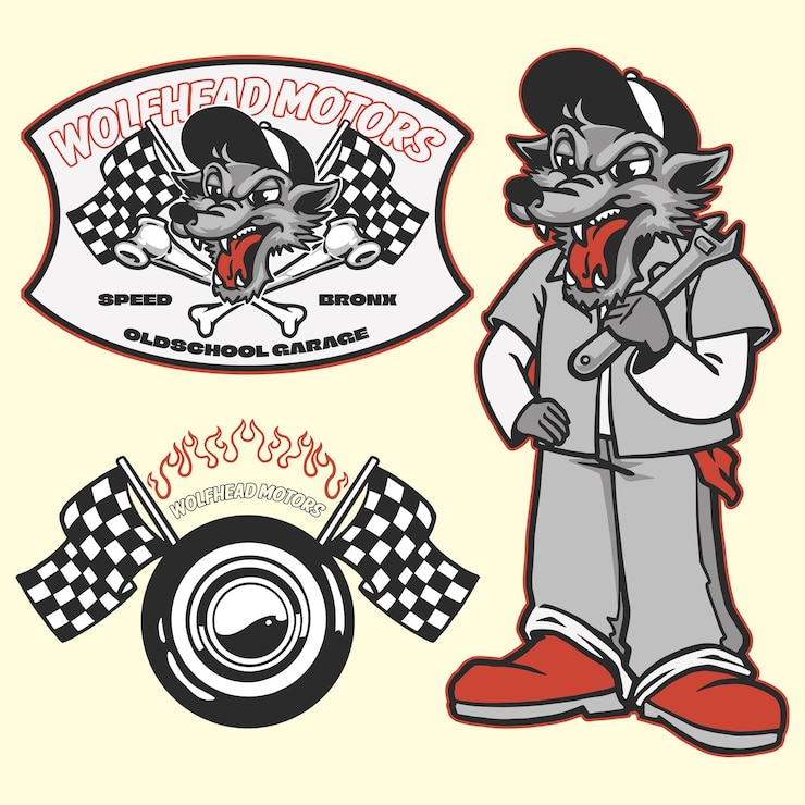 Vector etiquetas de personajes de collage de dibujos animados racing wolf