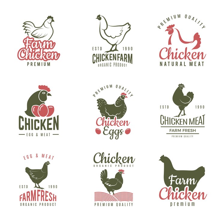 Vector etiquetas de pollo. insignias de logotipos de pollo de comida rápida plantilla de carne de ave de granja