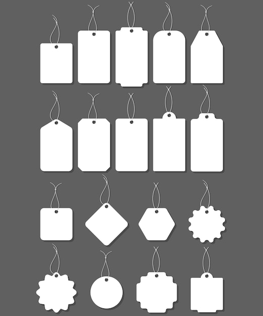 Etiquetas de precio de papel blanco en blanco o etiquetas de regalo en diferentes formas Plantilla de etiquetas en blanco Conjunto de etiquetas de precio Ilustración vectorial