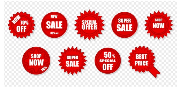 Etiquetas de precio del producto oferta de descuento de liquidación Pegatinas de venta de temporada insignias vector aislado listo para usar banner de ventas en forma de estrella roja