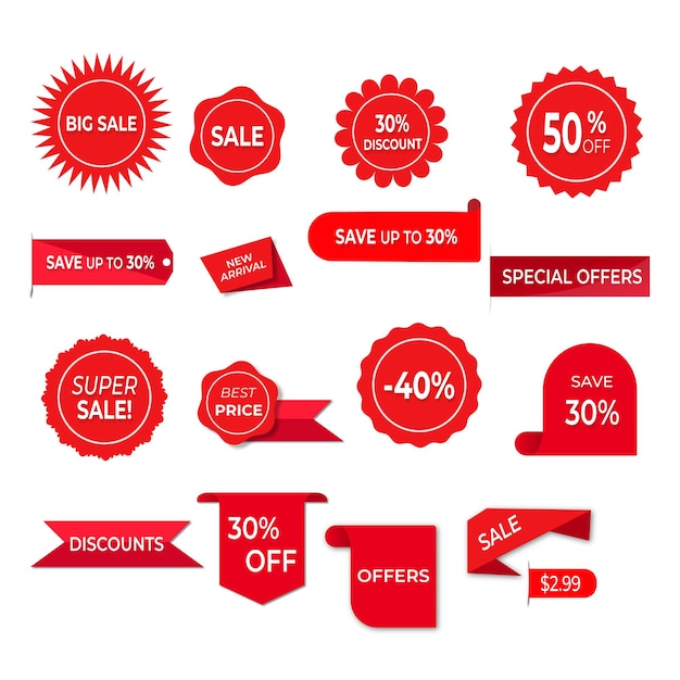 Etiquetas de precios, ventas, colecciones de pegatinas, descuentos planos, insignias promocionales y vectores