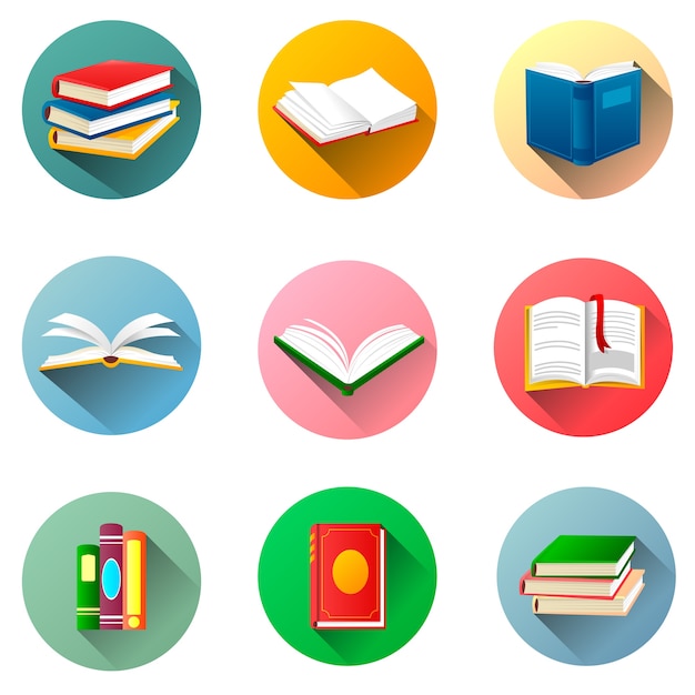 Etiquetas redondas para libros. Conjunto de libros aislado sobre fondo blanco.