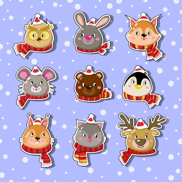 Etiquetas redondas de pegatinas navideñas con personajes lindos Gato oso ratón pingüino conejo zorro