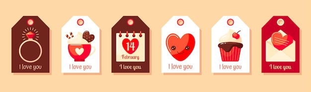 Vector etiquetas de regalo lindas del día de san valentín con calendario de anillo de corazón cacao o cupcake de chocolate caliente