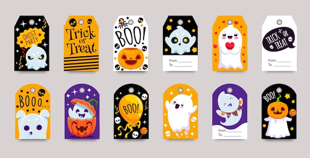 Etiquetas de regalo de vacaciones de Halloween Insignias vectoriales aisladas con lindos fantasmas diciendo boo jack linterna arañas dulces y globos Conjunto de tarjetas festivas decorativas para regalos con lugar para nombre o mensaje