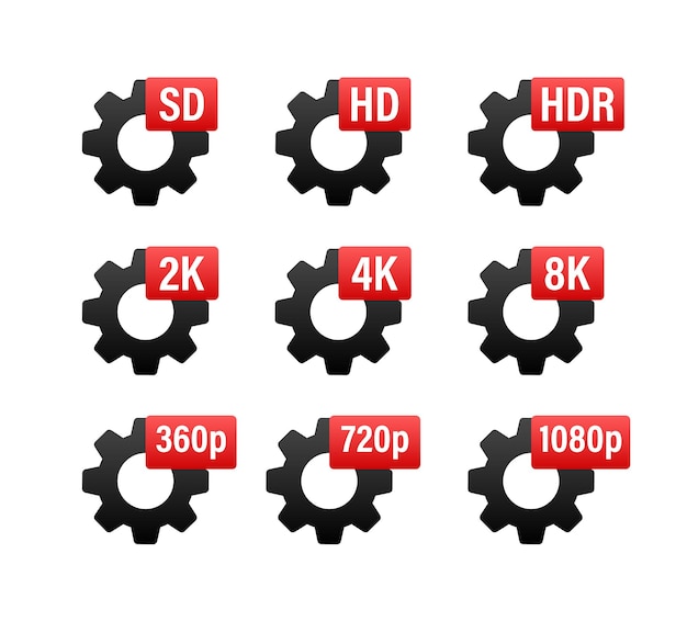 Etiquetas de resolución de video 360 720p 1080p 2k 4k 6k 8k HDR