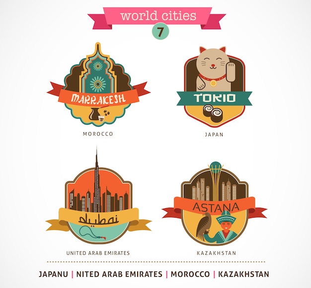 Etiquetas y símbolos de las ciudades del mundo - marrakech, tokio, astana, dubai